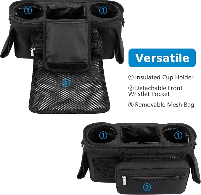 Accmor Universal Stroller Organizer with Insulated Cup Holder Detachable Phone Bag and Shoulder Strap,Stroller Bag Caddy Organizer for Uppababy, Baby Jogger, Britax Strollers
