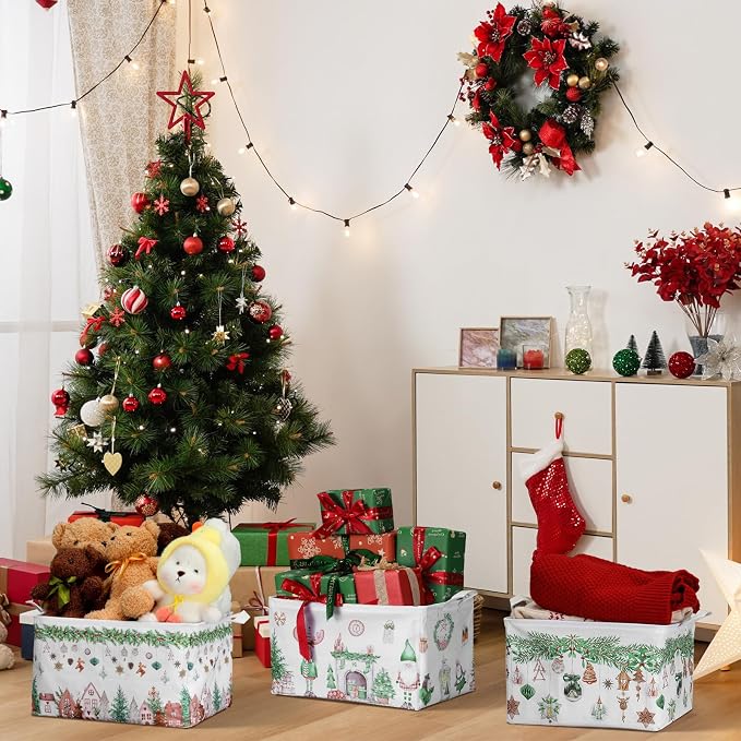 4pcs Christmas Storage Basket Fabric Laundry Baskets with Handle Xmas Foldable Organizer Boxes for Office Home Baby Cloth Toy Book 15 x 10 x 8(Neutral Wind)