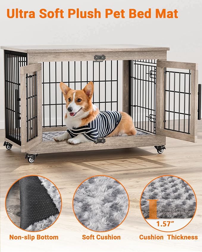 YaFiti Dog Crate Furniture, 32.5” Wooden Indoor Dog Kennel, 2 Pack, Grey | Cushion, Wheels, Double Doors, Furniture Style, Side End Table, Decorative Pet Cage House, Up to 45 lb, for Small/Medium Dogs