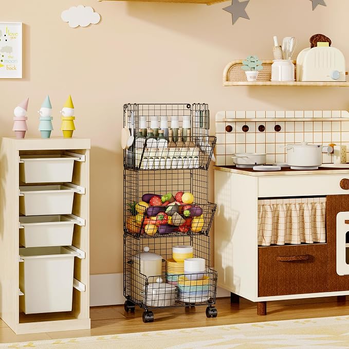 Sonyabecca 3 Tier Rolling Toy Organizer Cart with Wheels for Toy Storage | Outdoor toy storage basket and play kitchen organizer. Multi-purpose cart for snacks, books, pet supplies and home storage