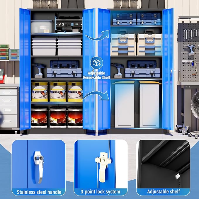 Greenvelly Metal Storage Cabinet with Doors and Shelves, 72" Inch Locking Metal Cabinet,Garage Storage Cabinet for Garage Office School Warehouse (Black Blue)