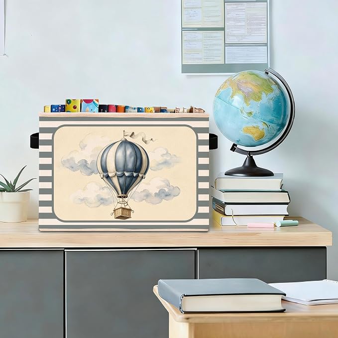 Hot Air Balloon Storage Bin, Blue Gray Stripe Foldable Fabric Basket | Foldable hot air balloon fabric organizer for nursery, bedroom, playroom, toys, books, and clothes