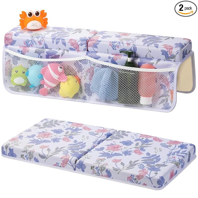 Bath Kneeler and Elbow Rest Pad Set, 1.5” Thick Bathtub Kneeling Mat | Cozy Memory Foam, Non-Slip 6 Suction Cups and 4 Toys Organizer Pockets, Quick-Dry Bath Kneeling Pad for Babies Toddlers