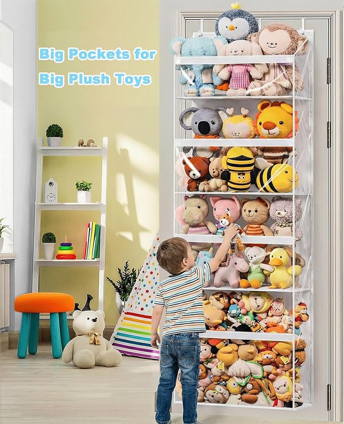 Heavy Duty Stuffed Animal Storage, 4-Tier Clear Extra Large Over The Door Organizer for Stuffies, Baby Ideas Holder, Toy Plush Hanging Organizer Big Girls Toddler Bag Animals Stuffy, White