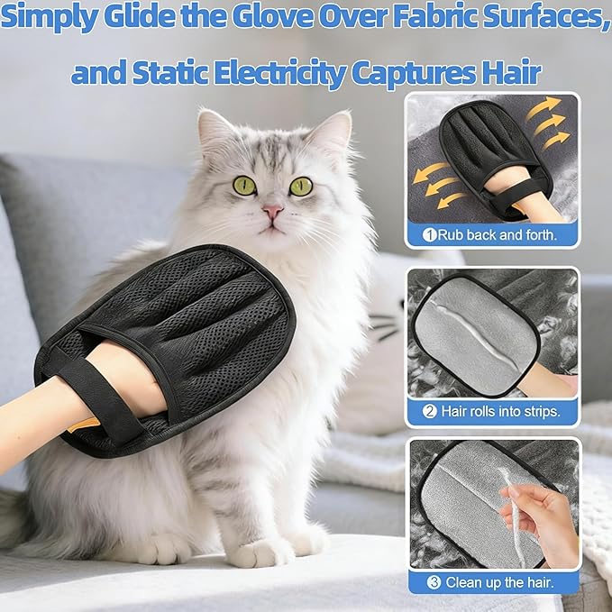 3pcs Pet Hair Removal Gloves for Dogs & Cats (2 Gloves + 1 Lint Scraper) | Electrostatic Magic Brush Clothes, Sofa, Carpets, Couch & Car Mats | Reuseable | Thickened | Newly Upgraded Model