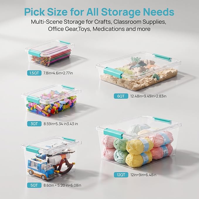 Vtopmart 8 Pack 3 Qt Clear Storage Bins with Lids for Building Blocks，Craft | Stackable PET Plastic Organizer Box for Home, Classroom, Office, Craft Room, Small Containers for Art Supplies, Stationery