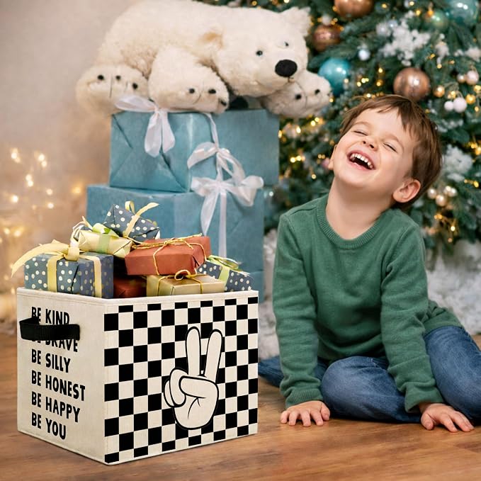 Checkered Storage Bin, Foldable Fabric Basket for Kids Room Nursery | Foldable fabric storage bin with positive quote design for toys, books, clothes, nursery, bedroom, and playroom use.