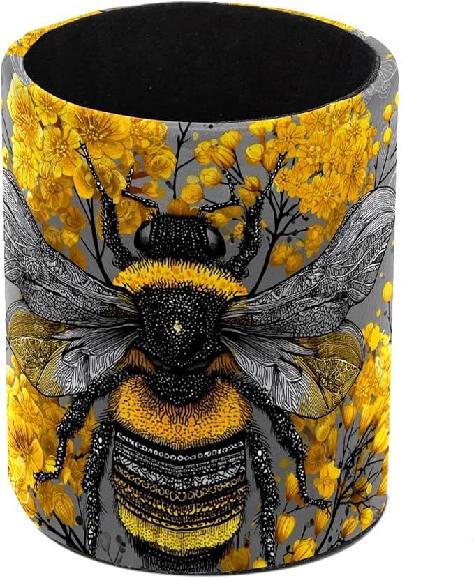 Faux Leather Pen Holder for Desk, Pencil Organizer Retro Bee Pen Cup Desk Decor Makeup Brush Holder Storage for Office Home