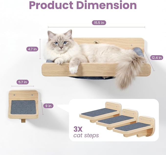 Cat Wall Shelves - Wall Mounted Cat Shelves with Feeding Station | Solid Pinewood, Gray Carpet, Supports Up to 33 lbs, Stainless Bowls, Dog-proof, Lounging, Climbing