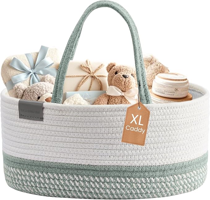 DECOMOMO XL Baby Caddy Organizer, Extra Large Diaper Caddy Basket | Baby Baskets for Baby Shower Gifts (Sage Green & White)