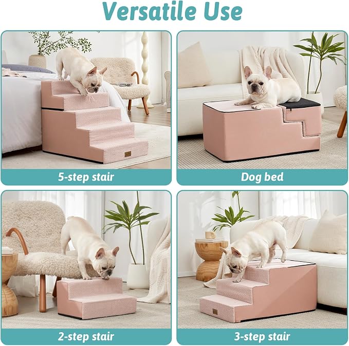 COZY KISS Dog Stairs for Small Dogs, 5 Step Pet Stairs for Beds & Couches | 23.6" Extra Wide Non-Slip Dog Steps with Removable Tiers & Support Board for Puppies, Older Cats & Dogs, Pink