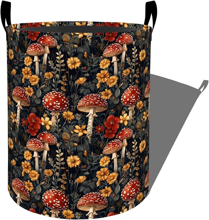 Whimsical Mushroom Laundry Basket with Handles, 19.7"x15.7" Clothes Foldable Red and Yellow Floral Laundry Hamper Organizer for Dorm Nursery Bedroom Bathroom Decor, Toy Storage Bin for Kids