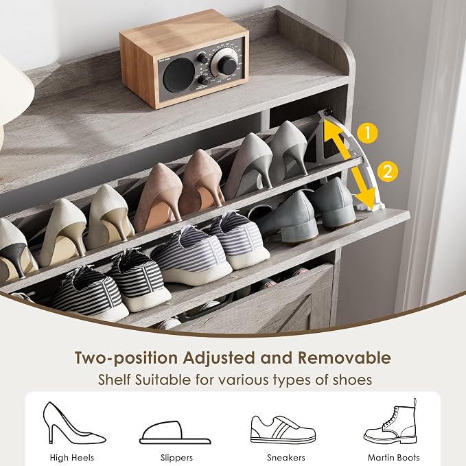 Shoe Storage Cabinet with 2 Flip Drawers, Entryway Organizer, Gray | Slim Shoe Cabinet with Metal Legs, Narrow Farmhouse Shoe Organizer for Entryway, Foyer, Hallway, Wood Shoe Rack with Hook