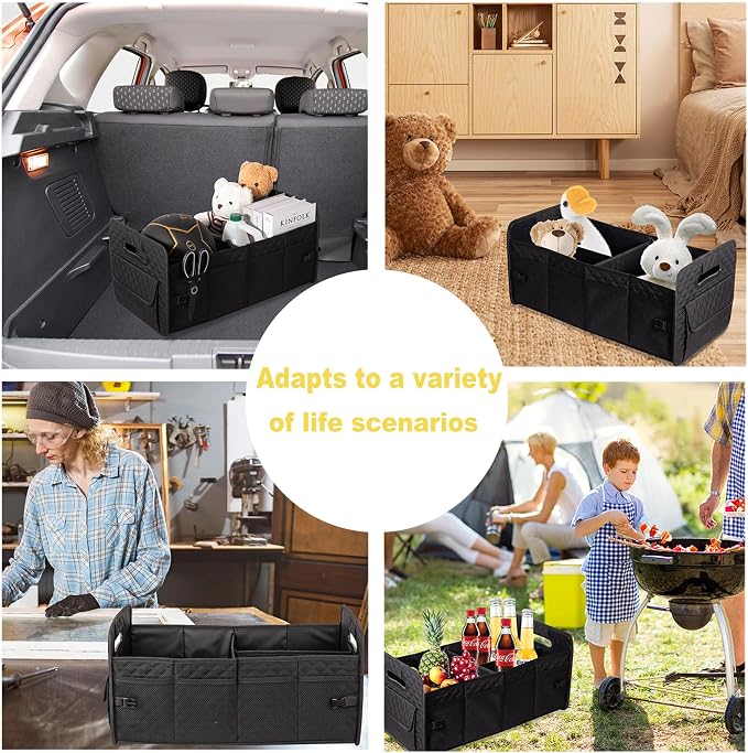 Car Trunk Organizer for SUV, Collapsible Car Storage Organizer Large Black | Sturdy, Strong Capacity, Diamond Decor, Multi Compartment Container Box Adjustable Car Accessories for Sedan Truck