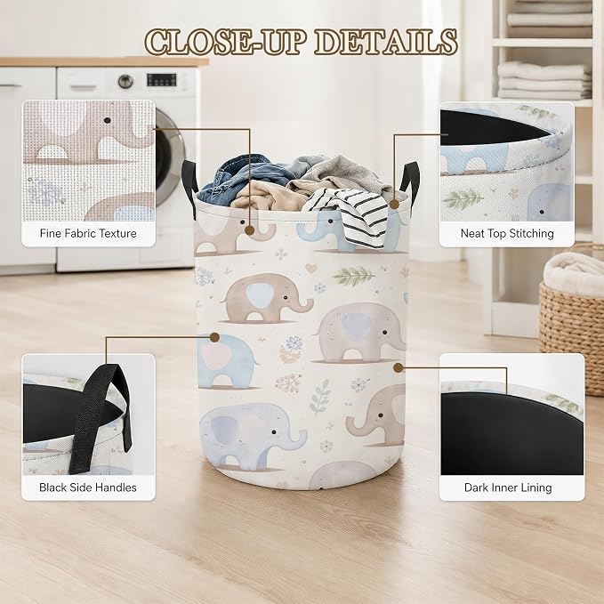 Baby Elephant Laundry Basket, Floral Leaves Collapsible Laundry Hamper Waterproof Oxford Cloth With Handles, Clothes Storage Bucket For Bathroom/Bedroom 16" x 20.8"