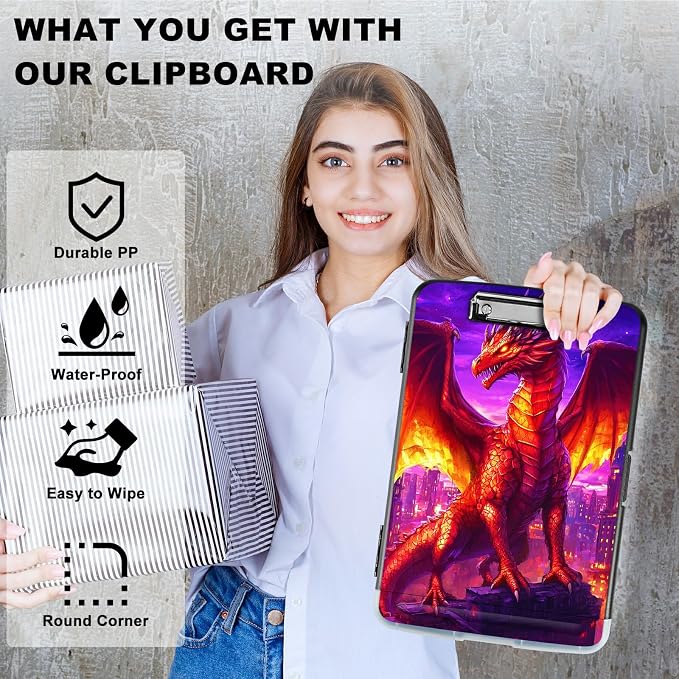 A4 Clipboard with Storage Pen Holder, Clipboards Organizer Nursing Clipboard Foldable File Folder Plastic Clipboard Folio Clip Board for Office Work Classroom Doctor, Purple Red Dragon