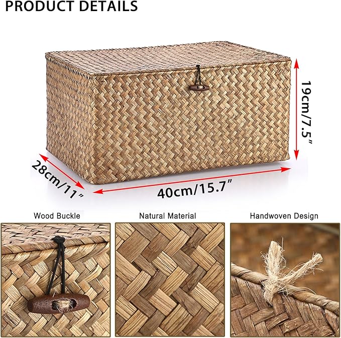 Hipiwe Wicker Shelf Baskets Bin with Lid Woven Storage Box, Coffee X-Large | Handmade Seagrass Basket Storage Bins Rectangular Household Basket Boxes for Shelf Wardrobe Home Organizer