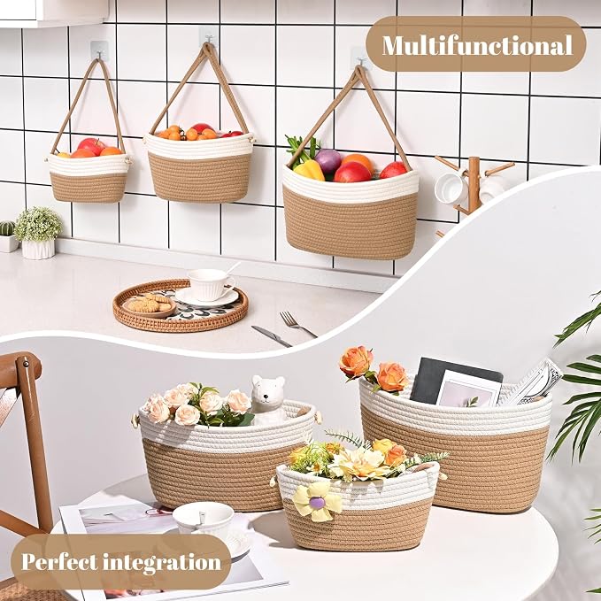 Hanging Basket, 3-Tier Woven Wall Basket with 4 Hooks, Cotton Rope Storage Baskets, Over the Door Organizer for Nursery, Bedroom, Cottage and Boho Wall Decor