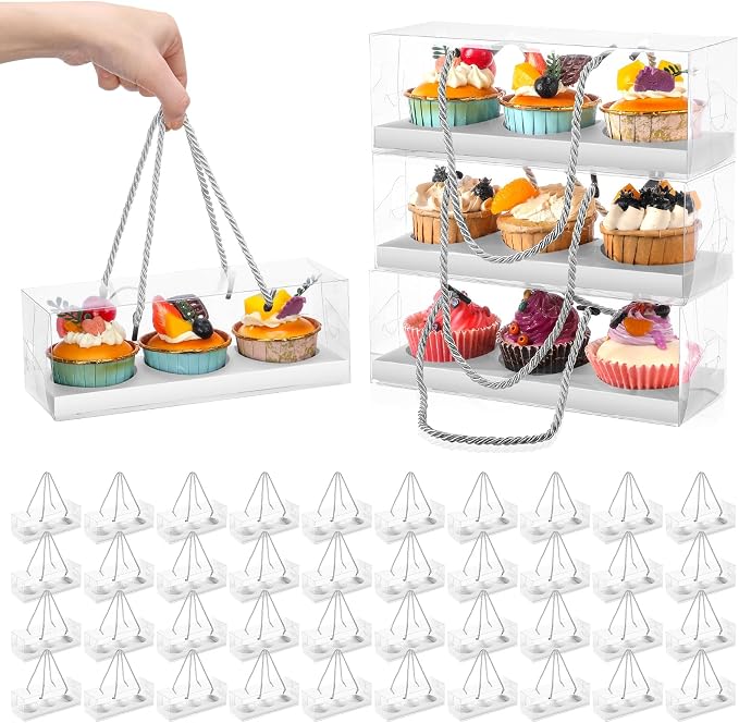 Thenshop 40 Pcs Clear Cupcake Boxes 9x3x3 in 3 Compartment Holder,White | Transparent Holders with Handles, Individual Pastry Display for Wedding Graduation Party Favors Cookies Treats Gifts