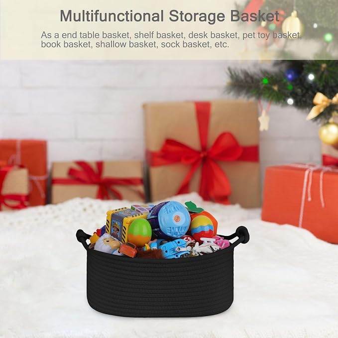 Small Empty Gift Basket with Bag & Ribbons, Black | 12“x8”x5”, Cotton Rope Woven Basket for Birthdays, Baby Showers, Mother's Day, Christmas; Stores Small Items, Kids & Pet Toys