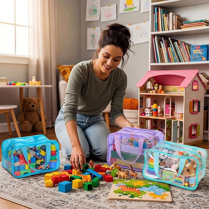 Shinylin 12 Pack Pastel Colorful Large Toy Storage Bags with Zipper 9.8 x 5.9 x 7.1 Inch Reusable Waterproof PVC Clear Board Game Storage Bags with Labels for Puzzles Building Blocks Book Stationery