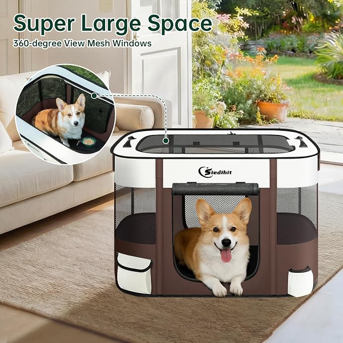 Siedihit 31" Dog Playpen,Cat Puppy Pen, Pet Portable Crate Indoor Outdoor | Durable Travel Camping Use,Foldable Dog Kennel Tent Cage for Rabbit Small Animals with Carrying Case(Brown, Medium)