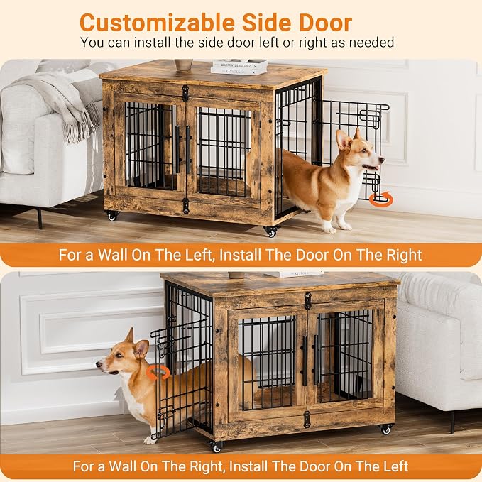 Medium Dog Crate Furniture, 32'' Heavy Duty Kennel w/Cushion & Wheels | Rustic Brown, Double Doors, Wooden Dog Cage, Chew-Resistant, End Table, Decorative, 27"/32"/38"/44" Options, Indoor