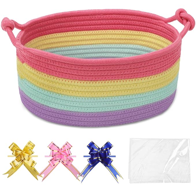 COMSE Small Gift Basket Empty with Bag & Ribbons, Rainbow | Cotton Rope, 12"x 8"x 5", Pet Toy Storage Organizer, Woven Basket for Birthdays, Baby Showers, Mother’s Day, Valentine’s Day