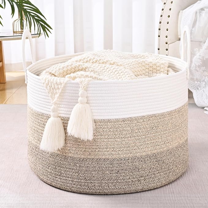 67L Large Woven Blanket Basket, Cotton Rope Baby Laundry Hamper with Handles, Kids Toy Basket for Classroom & Nursery, Soft Round Stuffed Animal Storage, Dog Toy Bin - 20"x13", Jute