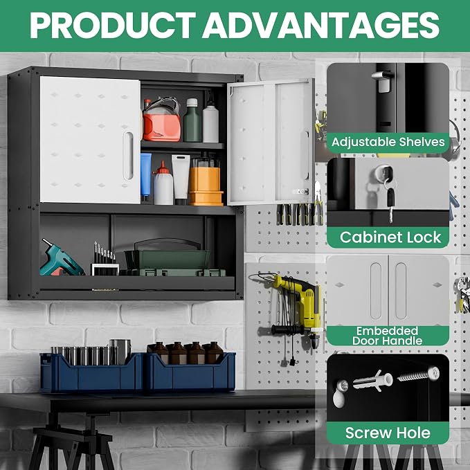 Garage Wall Cabinet,29.5" W Wall Mounted Garage Cabinets with Adjustable Shelf,Heavy Duty Lockable Metal Cabinet,Secure Hanging Tool Cabinet for Basement,Laundry Room,Workshop,Black/Grey