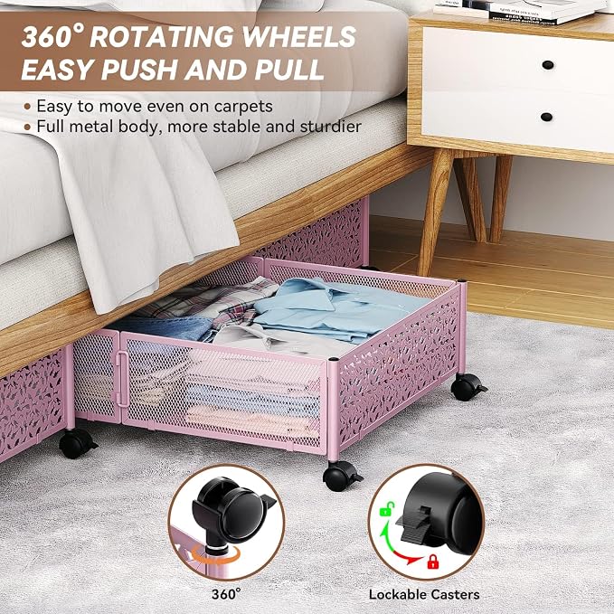 Under Bed Storage Container with Wheels,Patterned,Metal,2 Pack,Pink | Tool-free assembly, glide smoothly, easy reach, foldable, maxmazie low-profile beds, dorm, keep seasonal clothes, shoes fresh