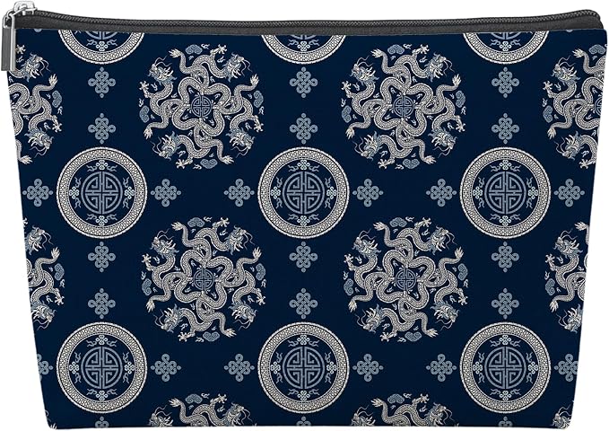 Navy Blue Chinoiserie Empty Mahjong Tile Bag 13x7.8 Inch | Traditional Dragon Portable Travel Case Organizer Zipper Pouch for American Mahjong Tiles Game Night Accessories and Gifts