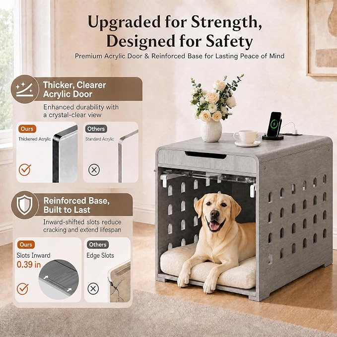 Modern Dog Crate Furniture Wooden Kennel Charging Station End Table Grey | Nightstand, Dog Cage Indoor, up to 110 lb, Flip-Up Acrylic Door, Storage Drawer, for Large Medium Dogs, Living Room Bedroom