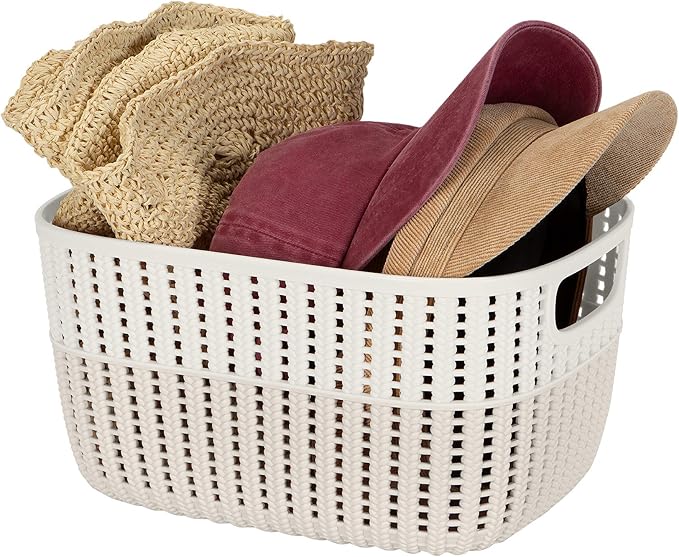 Simplify 2 Pack 2 Tone Sailor Knot Plastic Storage Tote | Decorative Basket | Closet Organization | De-clutter | Accessories | Toys | Bathroom Organization | Medium | Ivory