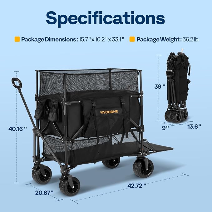 VIVOHOME 500L Large Capacity Double Decker Collapsible Wagon 500lbs Heavy Duty Utility Folding Cart with Big Wheels 53" Extended for Camping, Sports