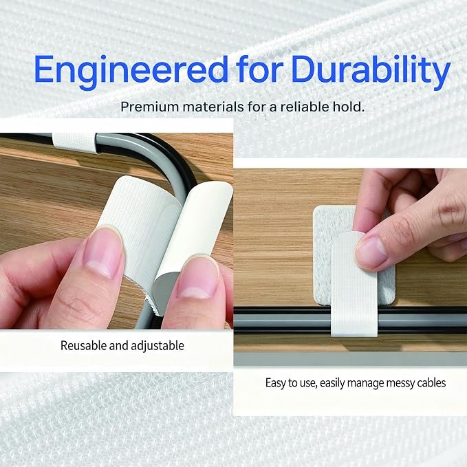 50 Pack Hook and Loop Cable Straps, Adhesive Cord Ties for Under Desk Cable Management, Reusable Cord Organizer for Computer Wire Management, Home Office, White