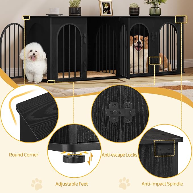 Hzuaneri 63" Double Dog Crate Furniture, Dog Kennel Indoor with Cushion | Heavy Duty Dog Crate Furniture for 2 Dogs,Dog Cage End Table TV Stand with Divider for Med-Large Dogs,Black DFC80904B