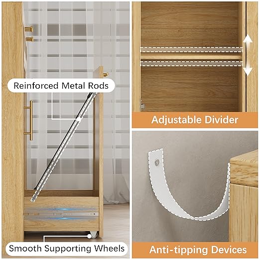 2 X 13 Gallons Double Pull Out Trash Can Cabinet with Storage, Oak | 54"W Fluted Kitchen Trash Cabinet with Adjustable Shelf & Drawers, Hidden Pet Proof Trash Can Holder for Laundry Living Room