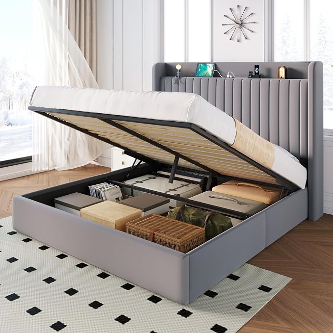 SHA CERLIN Queen Size Lift Up Storage Bed Frame, Charging Station, Grey | Storage Headboard with Charging Station, USB, Type-C Port Velvet Hydraulic Storage Bed No Box Spring Needed Noise Free