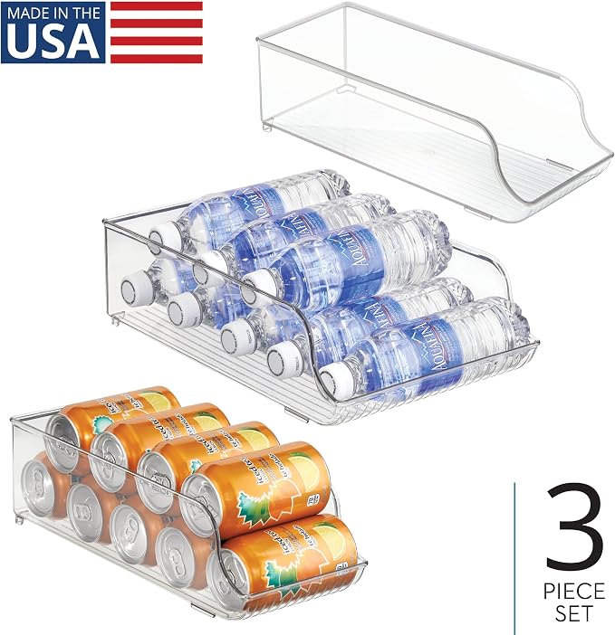 iDesign Water Bottle Organizer and Soda Can Dispenser for Refrigerator or Pantry - Set of 3 - Clear