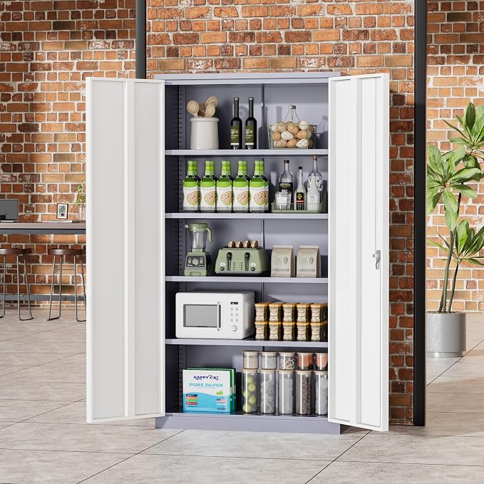Greenvelly Metal Storage Cabinet, 72" Locking Metal Garage Storage Cabinet with Doors and 4 Adjustable Shelves, Lockable Steel Cabinet for Home Office, Garage, Shop, School (White Grey 36" W x 18" D)