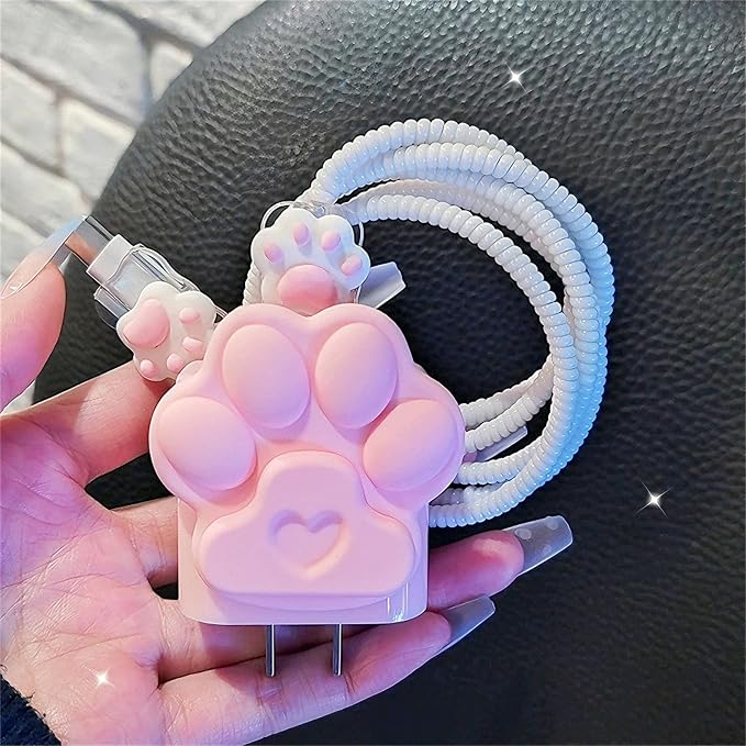 DIY Charger Cover for iPhone Cord Protector with Cat Paw Design,Soft Girly Kawaii Cat Claw Charging iPhone Charger Protector iPad Charger Protector Cute Cable Saver for iPhone 18W/20W Charger-Pink
