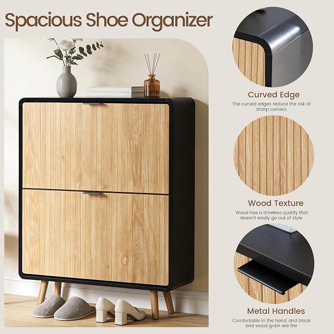 FurSch Fluted Shoe Storage Cabinet with 2 Flip Drawers, Narrow Shoe Rack Cabinet Organizer with Adjustable & Removable Shelves for Entryway (Natural and Black, 2 Drawers)