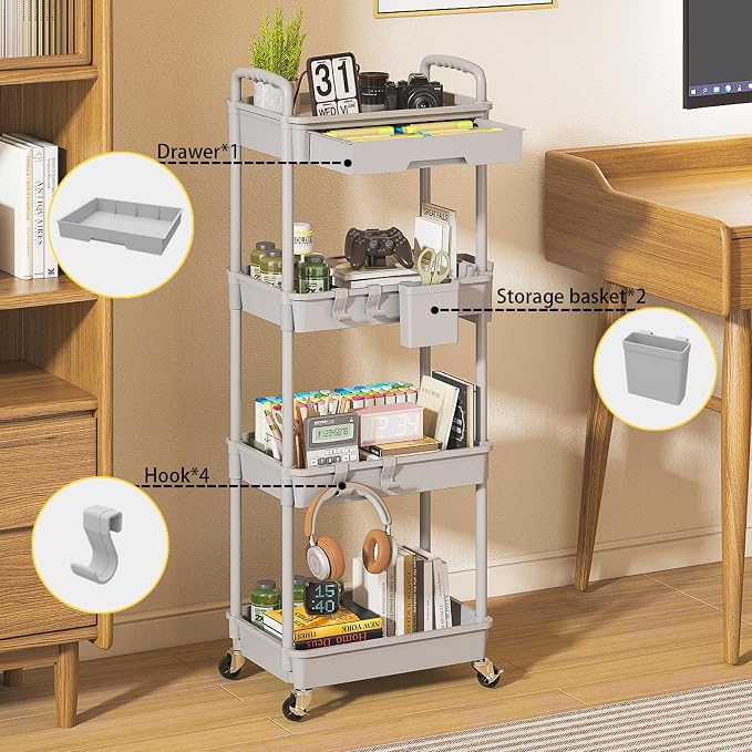 4 Tier Rolling Utility Cart with Drawer, Plastic Storage Organizer Rolling Carts with Wheels Handles Hanging Cups Hooks for Office, Bathroom, Kitchen,Craft Art Room (Grey)