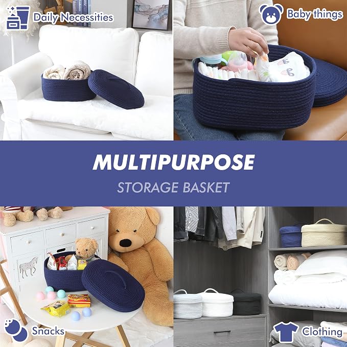 Sea Team Oval Storage Basket, Woven Cotton Rope Basket with Lid, Navy | Decorative Knitted Storage Bin, Multi-Purpose Lidded Organizer for Closet Shelves, Nursery and Household Storage