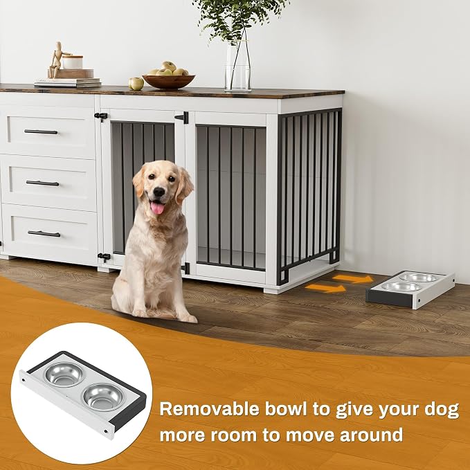 OUYESSIR 94.5" Dog Crate Furniture for Medium Large Dogs, White Brown | Extra large dog kennel fits 2 Medium or large dogs, 3 Storage Drawers, 4 removable Stainless steel dog bowls, Solid Wood