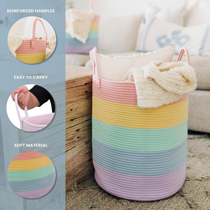 OrganiHaus Rainbow Laundry Basket & Hamper, Nursery Playroom 52L | Rainbow Pastel - Rainbow Cotton Rope Hamper, Nursery 52L