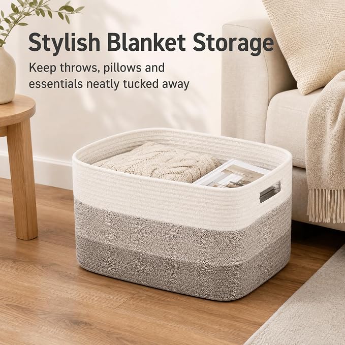 Cotton Rope Laundry Basket Extra Large, 25.4GAL Collapsible Woven Storage Baskets for Living Room Kids Toys Stuffed Animal,Boho Rectangular Decorative Hamper for Dirty Clothes Blankets Gradient Brown