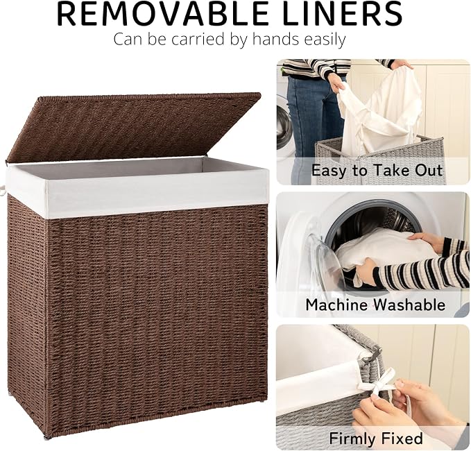 OIAHOMY Laundry Hamper with Lid, 110L(29.1 Gal) Large Wicker Laundry Basket for Bedroom, Handwoven Paper Rope Clothes Hamper with Washable Liner & Metal Frame, Decorative organizer for Bathroom Brown