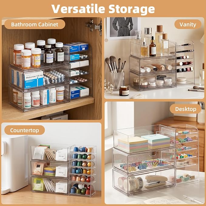 Stackable Medicine Cabinet Organizer for Bathroom, 4 Pack | Layers to Save Space, Clear Drawers, Smooth Pull-Out, Non-Slip & Place Stably, Fits Lipsticks, Cotton Swabs & Makeup